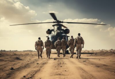 Group of Military personal approach a helicopter