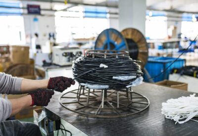 A factory worker wrapping coated cable around a spool