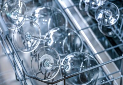 Wine glasses in a dishwasher
